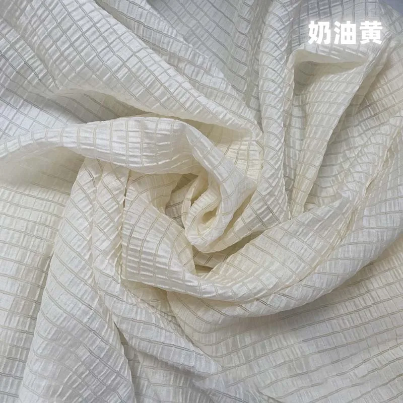Summer Clothing Material - Cream Yellow Checkered Fabric Soft Breathable