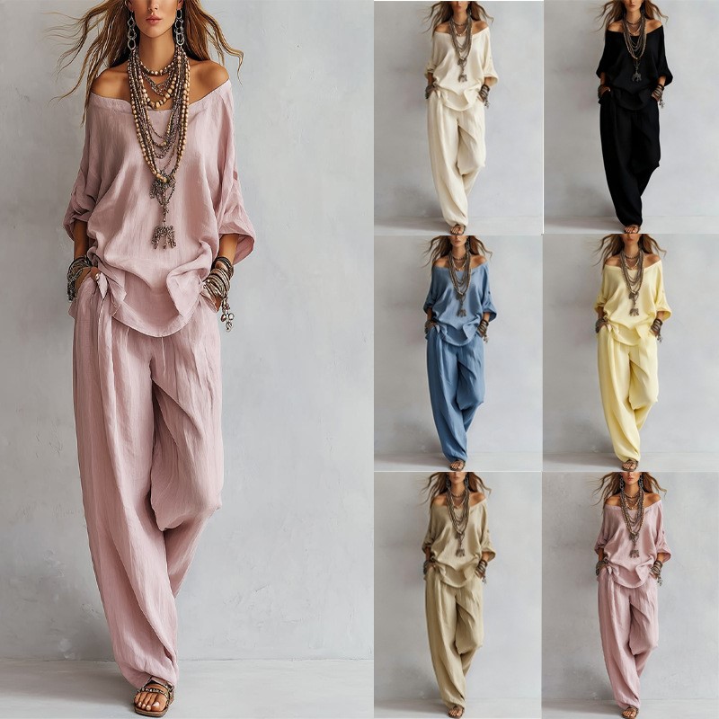 Summer Linen Clothing For Women - Women's Two-piece Three-quarter Sleeve Top One-shoulder