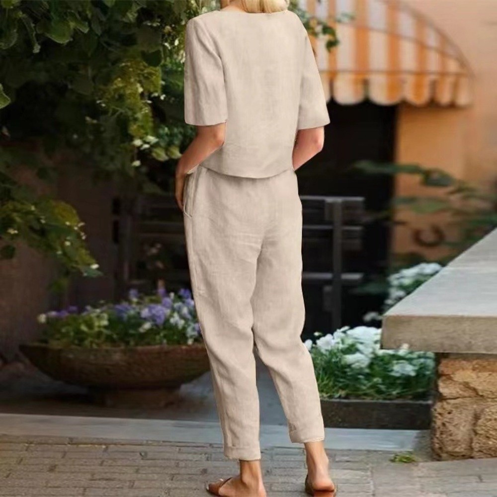 Summer Linen Clothing For Women - Half-sleeved Women's Cotton Linen Suit Round