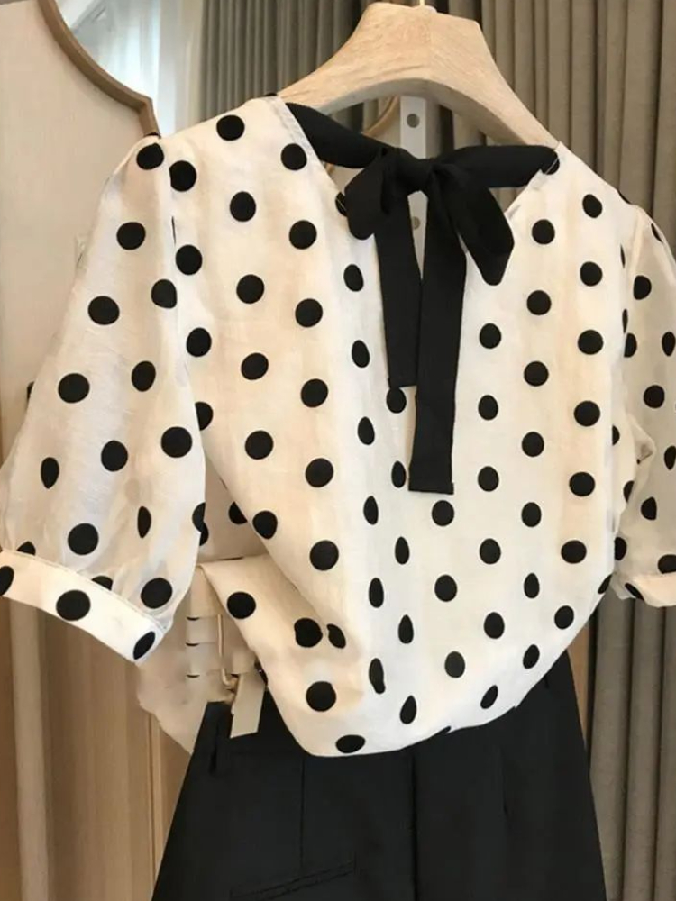 Polka Dot Blouses Women Elegan - Summer Linen Clothing For Women ulasan dan harga