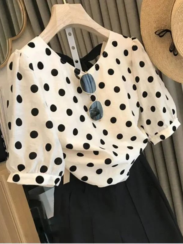 Polka Dot Blouses Women Elegan - Summer Linen Clothing For Women ulasan dan harga