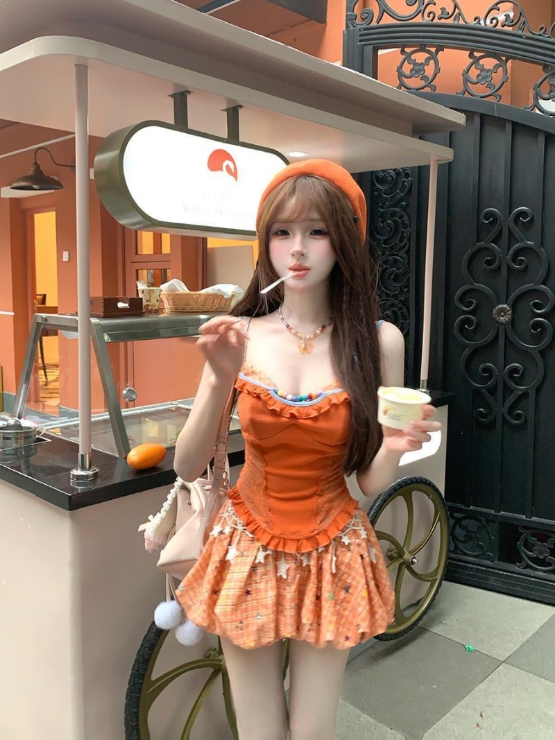 Summer New Orange Dopamine Swe - Summer Clothing Set For Girls ulasan dan harga