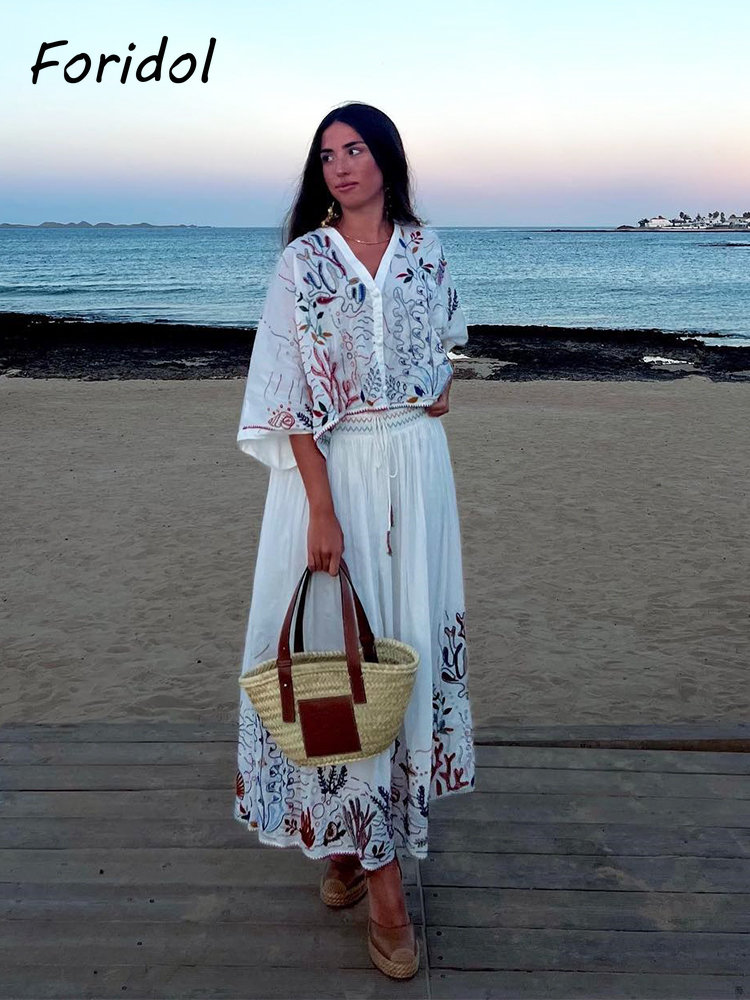 Foridol Marine Organism Embroi - Summer Linen Clothing For Women ulasan dan harga